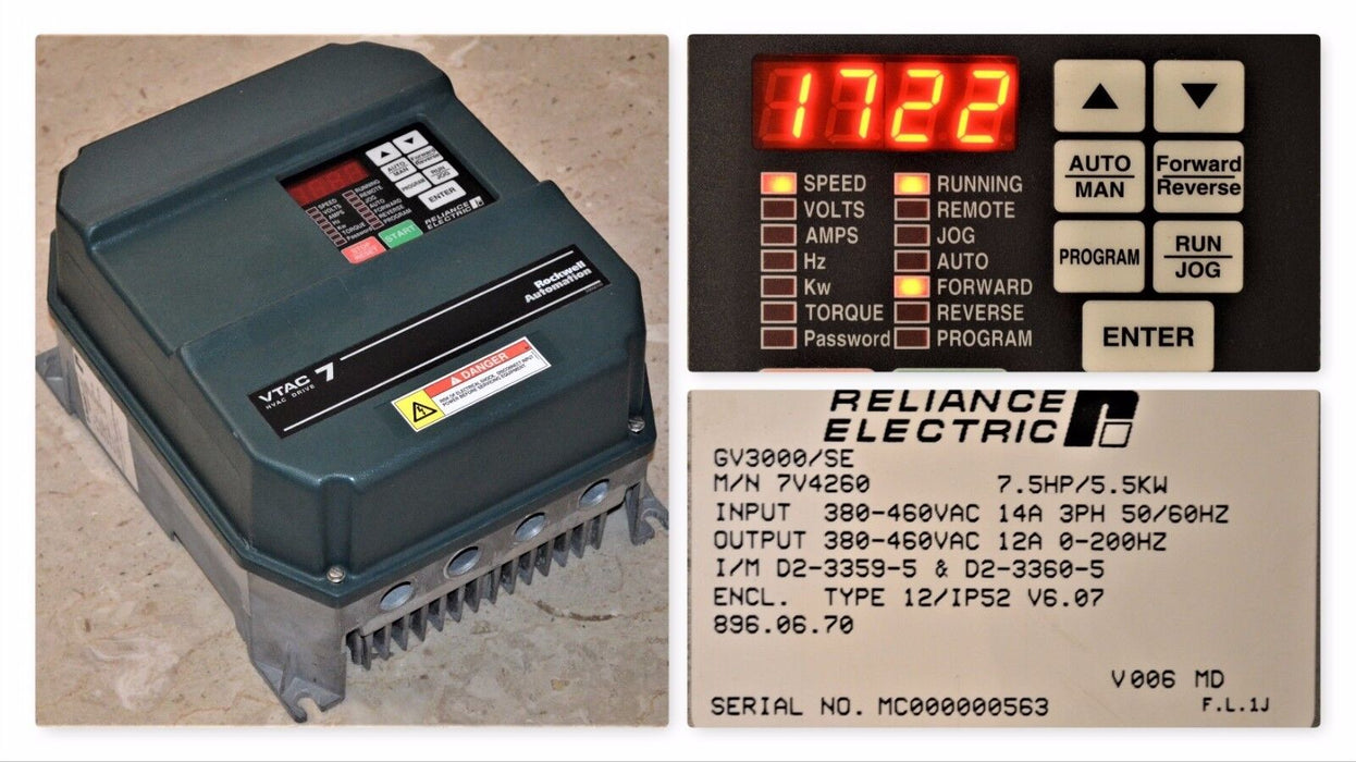 RELIANCE ELECTRIC GV3000/SE 7.5 HP 7V4260 FIRMWARE 6.07 AC DRIVE TESTED GOOD