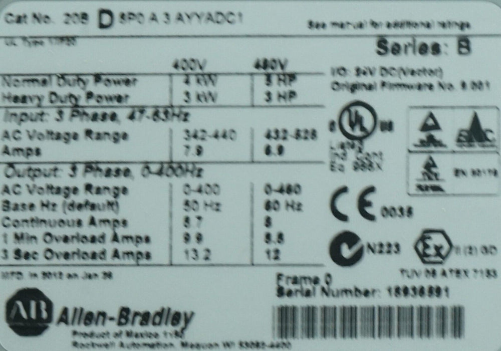 Low Hours Allen Bradley PowerFlex 700 3HP 20BD5P0A3AYYADC1 480VAC FRN:9.001