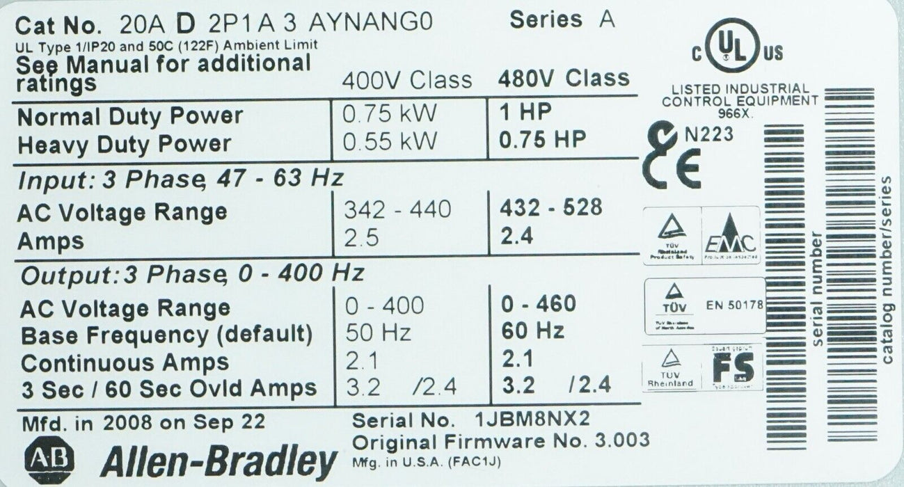 Allen-Bradley PowerFlex 70 1HP 20AD2P1A3AYNANG0 480VAC FRN:3.003 Tested