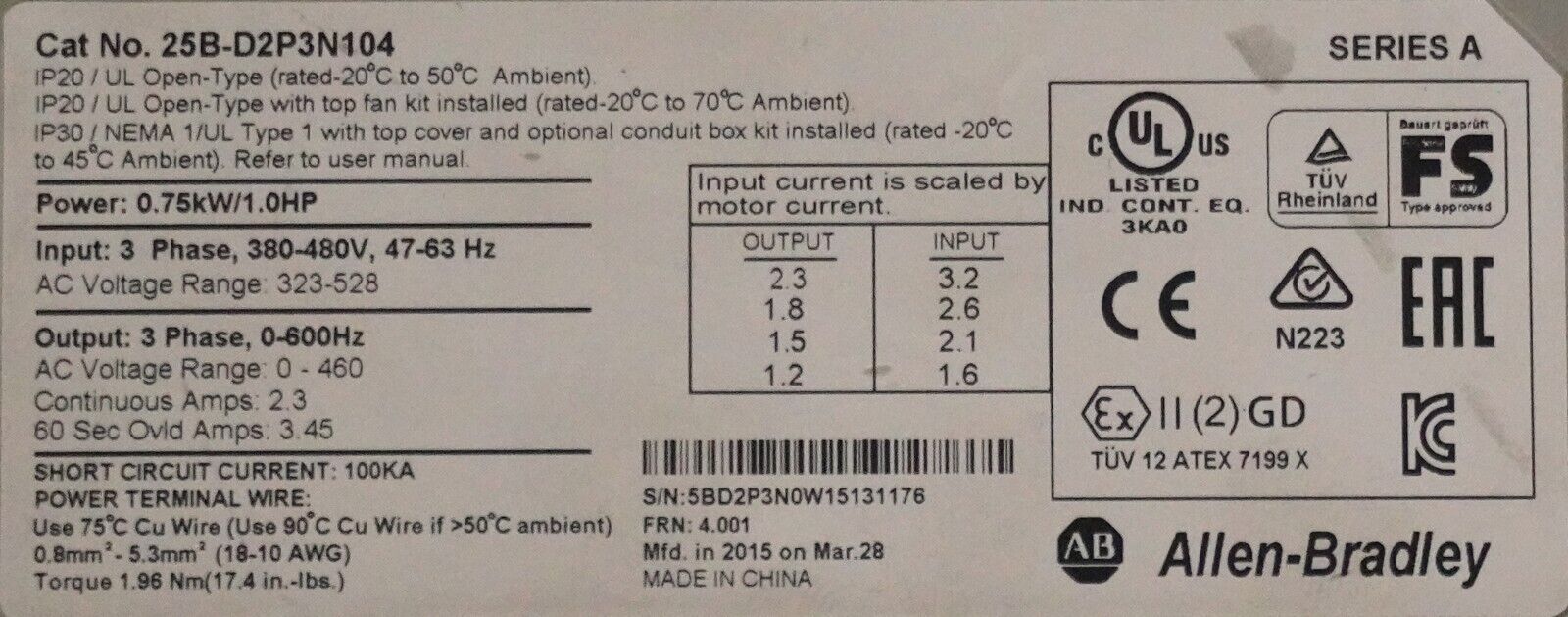 Allen Bradley 25B-D2P3N104 Series A Power Flex 525 Drive Tested Good FRN:4.001