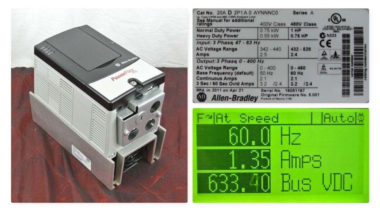 Allen-Bradley PowerFlex 70 1 HP 20AD2P1A0AYNNNC0 480 VAC Tested GOOD