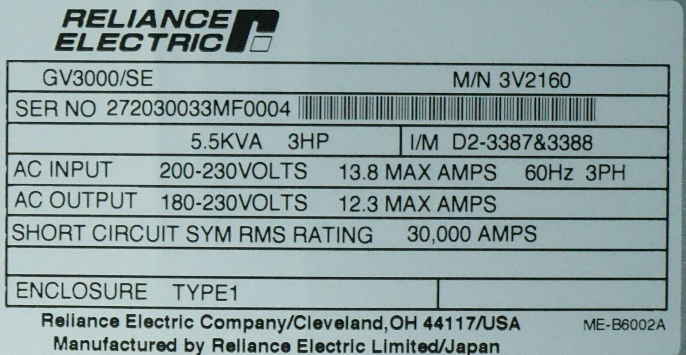 New Reliance Electric GV3000/SE 3 HP 3V2160 220V Open Box