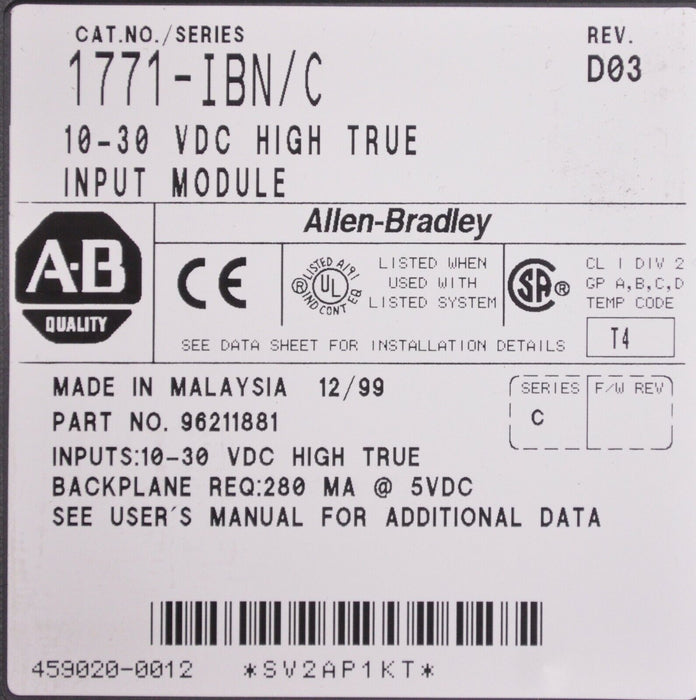 Allen Bradley 1771-IBN REV-C DC Input Module Module 10-30 V