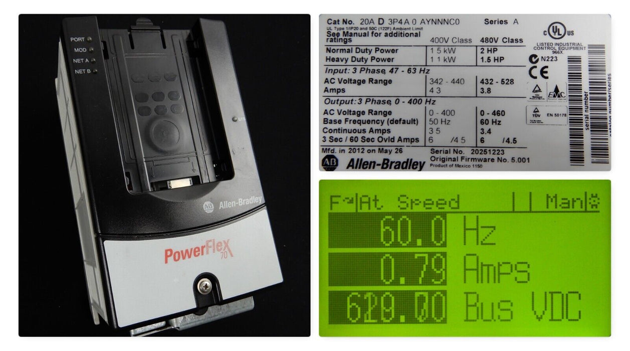 Allen-Bradley PowerFlex70 20AD3P4A0AYNNNC0 2 HP 480 VAC FRN: 5.001 Series A