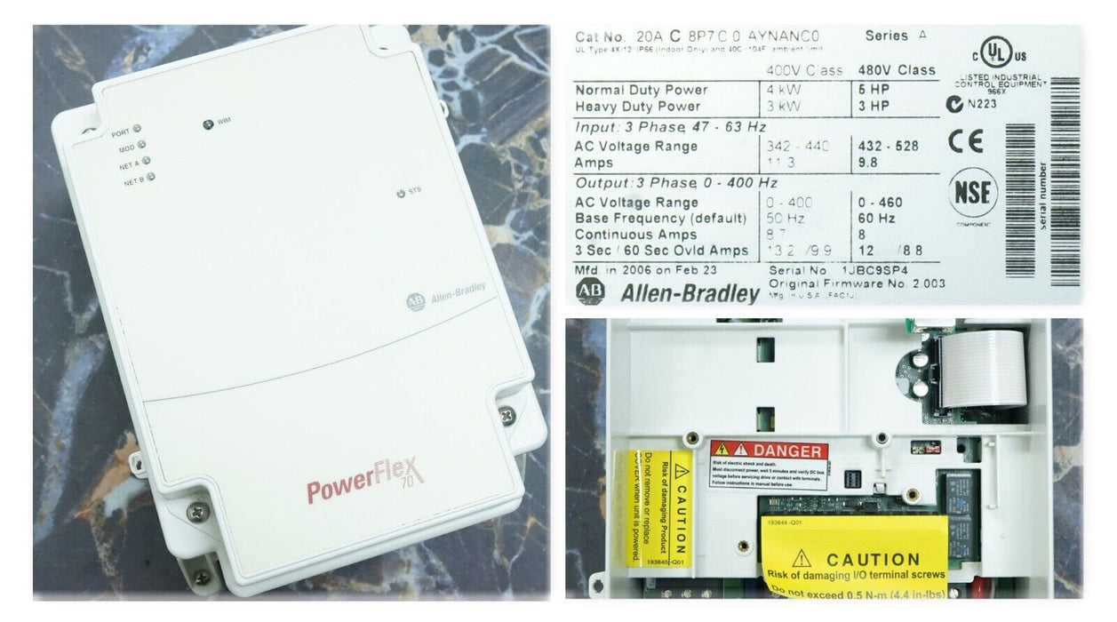 New Allen-Bradley 20AC8P7C0AYNANC0 5HP 480V Powerflex 70 FRN:2.003