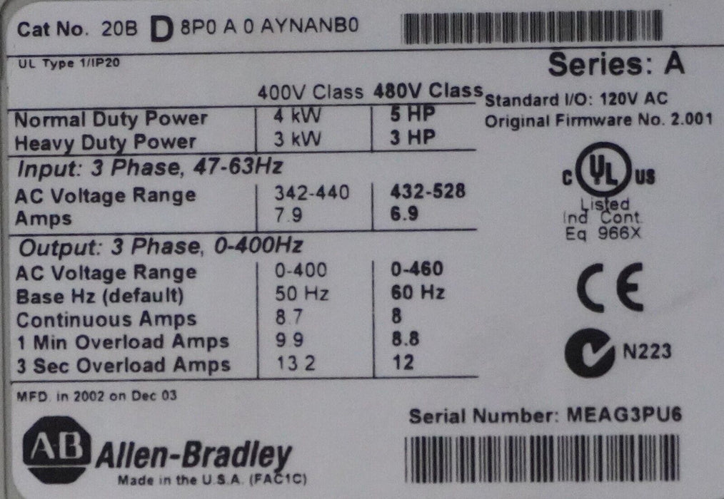 Allen-Bradley PowerFlex 700 5HP 20BD8P0A0AYNANB0 Series A 480VAC FRN:2.001