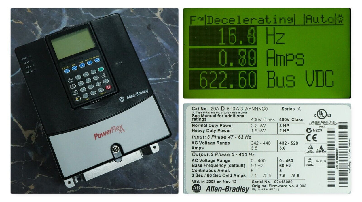 Allen-Bradley PowerFlex 70 3HP 20AD5P0A3AYNNNC0 480 VAC Tested Good FRN:3.003