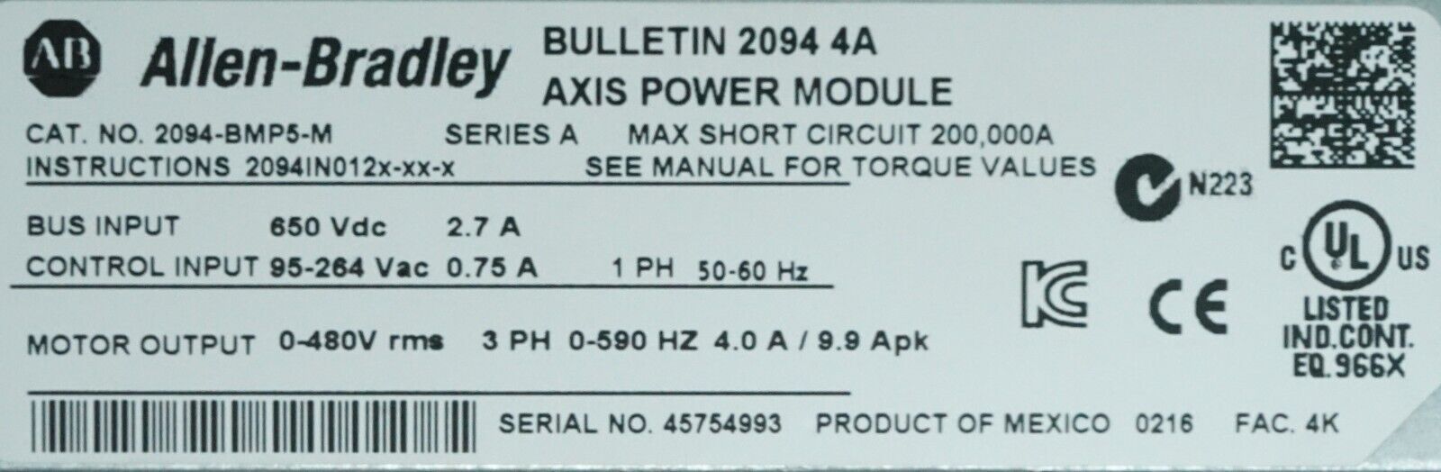 Allen-Bradley Kinetex 6000 2094-BMP5-M Axis Module 2.7A 650VDC