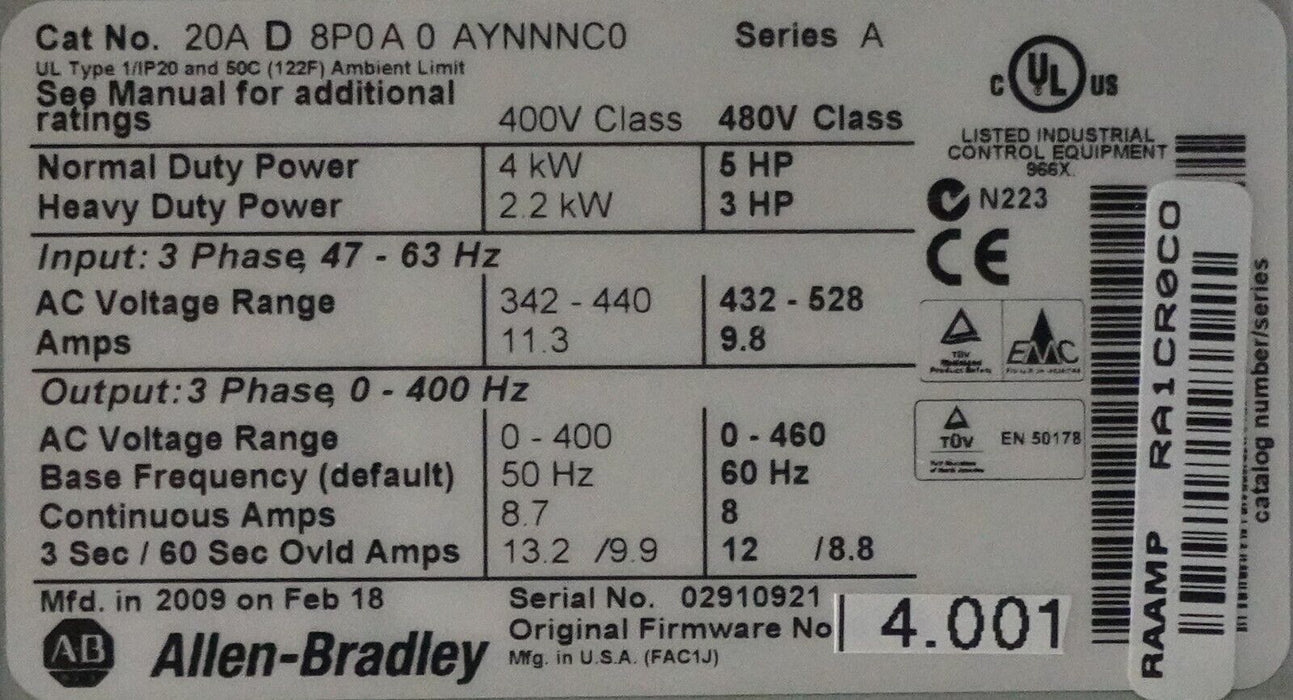 Allen-Bradley PowerFlex 70 5 HP 20AD8P0A0AYNNNC0 480VAC Tested FRN:4.001