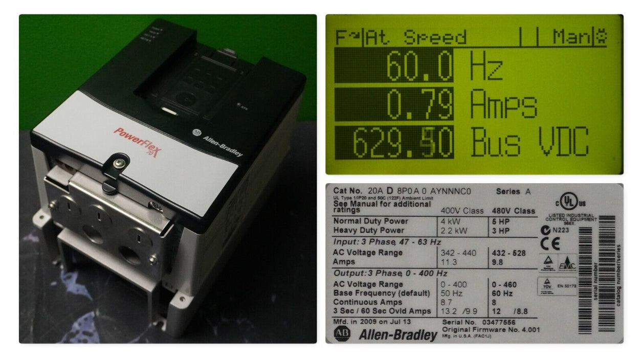 Allen-Bradley PowerFlex 70 5HP 20AD8P0A0AYNNNC0 480VAC Tested FRN:4.001