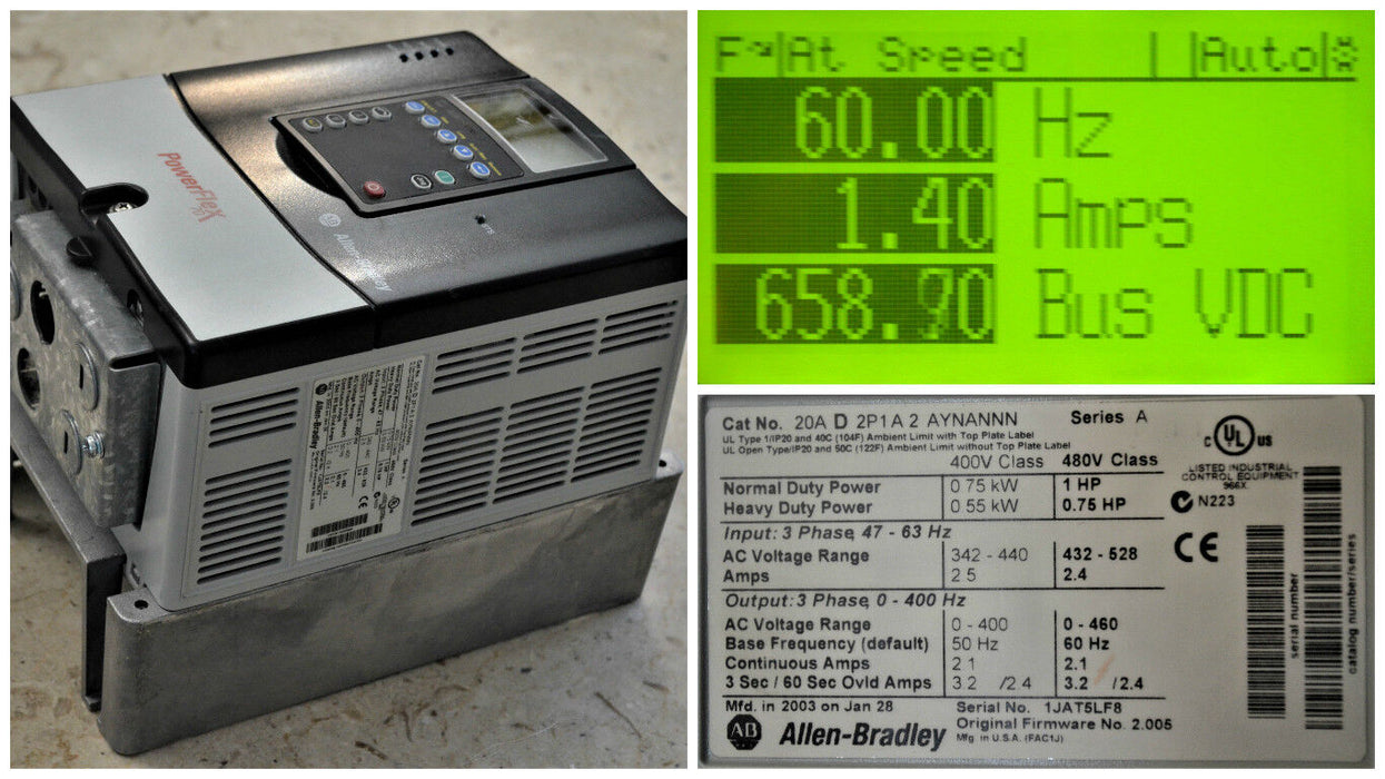 Allen-Bradley PowerFlex 70 1 HP 20AD2P1A2AYNANNN 480VAC FRN: 2.005 Tested Good