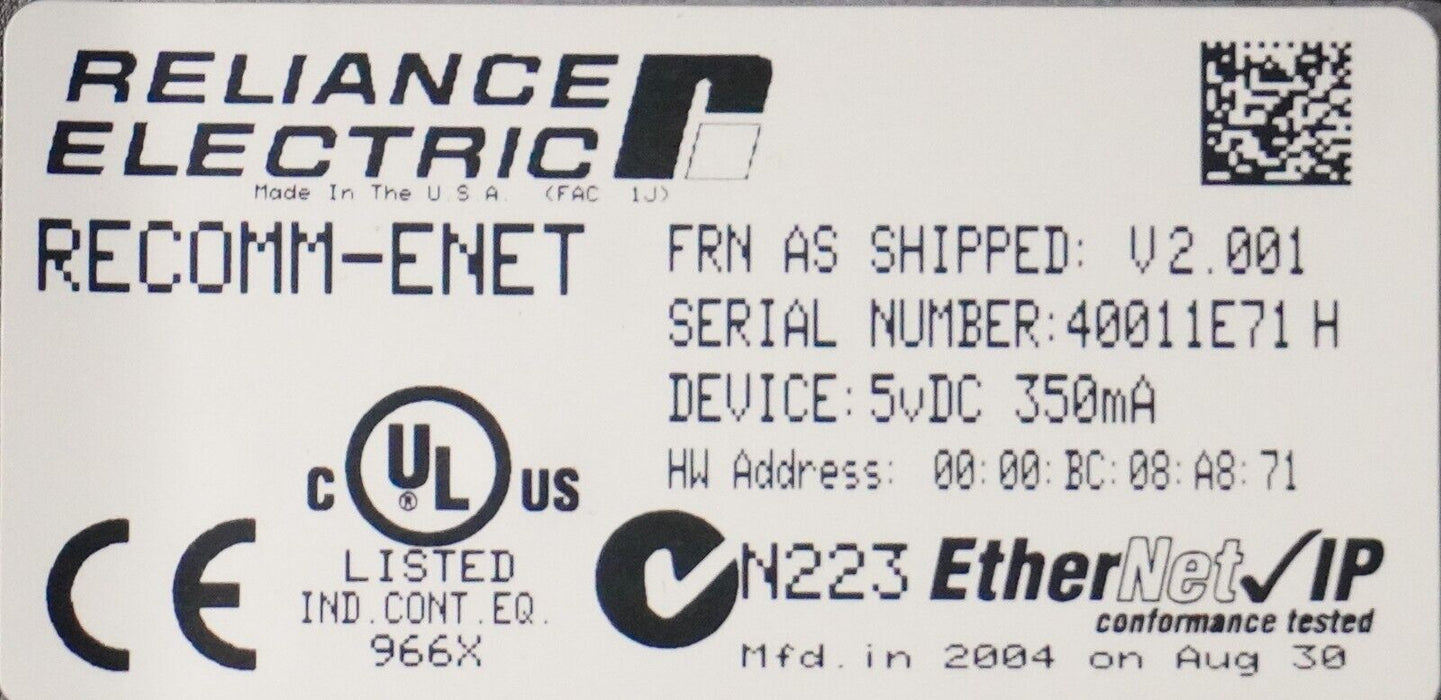 Reliance Electric RECOMM-ENET Ethernet/IP Communications Module Tested FRN:2.001