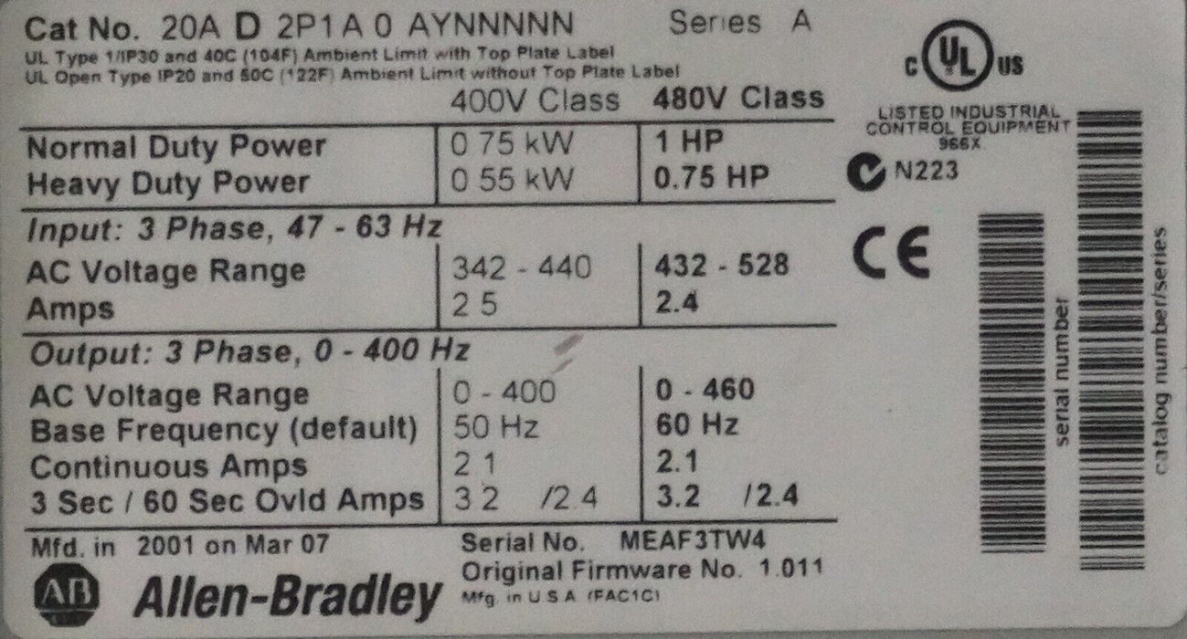 Allen Bradley PowerFlex 70 1 HP 20AD2P1A0AYNNNNN 480 VAC FRN 1.011 Tested Good