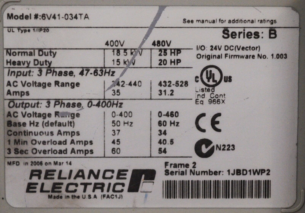 RELIANCE ELECTRIC GV6000  6V41-034TA  25 HP 480 VAC VERSION 1.003 Tested Good