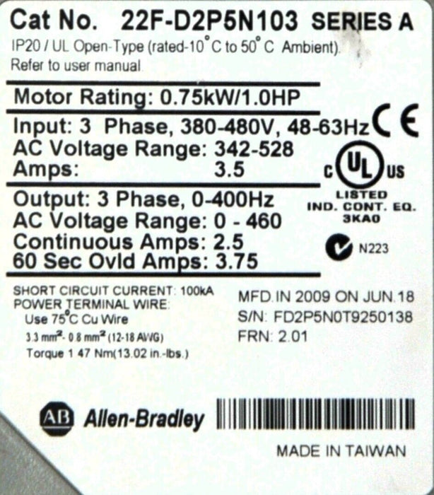 Zero Hours Allen-Bradley 22F-D2P5N103 PowerFlex 4M 1 HP FRN 2.001 Tested Good