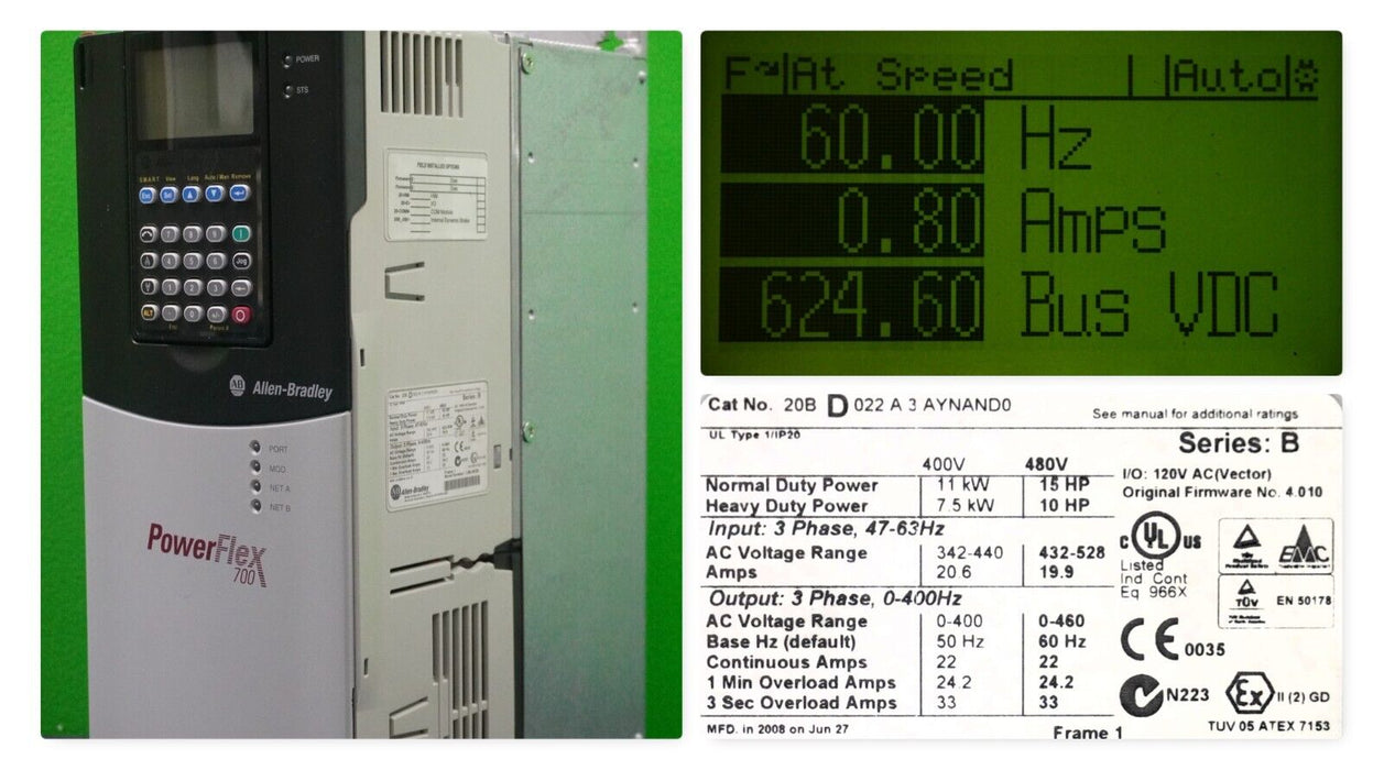 Allen-Bradley PowerFlex 700 20BD022A3AYNAND0 15 HP FRN 4.010 w/20-HIM-A3 Keypad