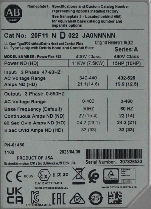 Zero Hr Allen-Bradley PowerFlex 755 20F11ND022JA0NNNNN 15HP 480 VAC FRN:16.002