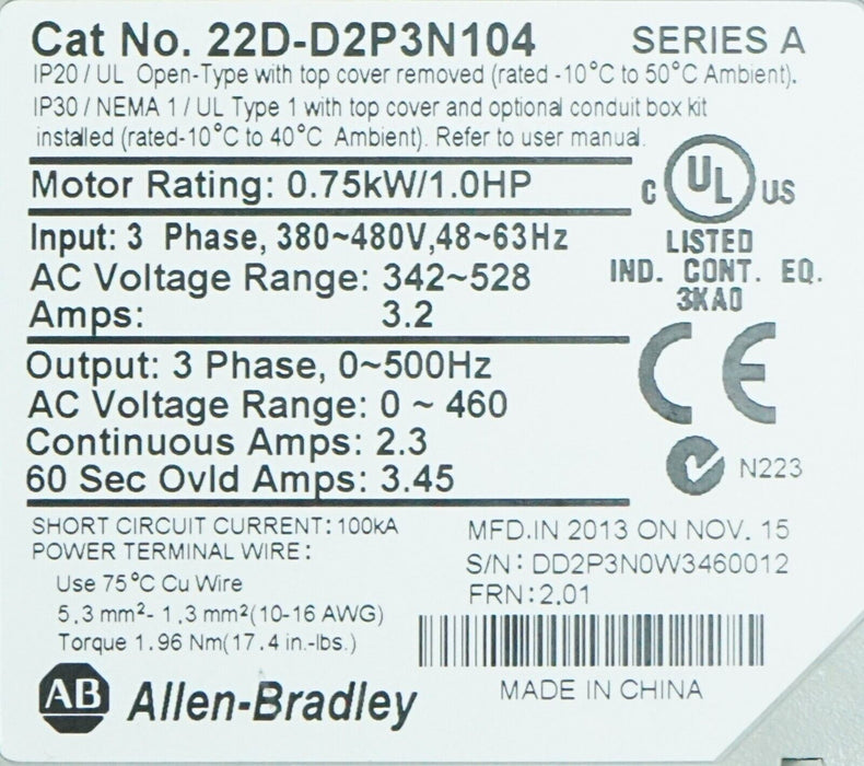 Allen-Bradley 22D-D2P3N104 PowerFlex40P FRN:2.01 Series A Tested QTY up to 7