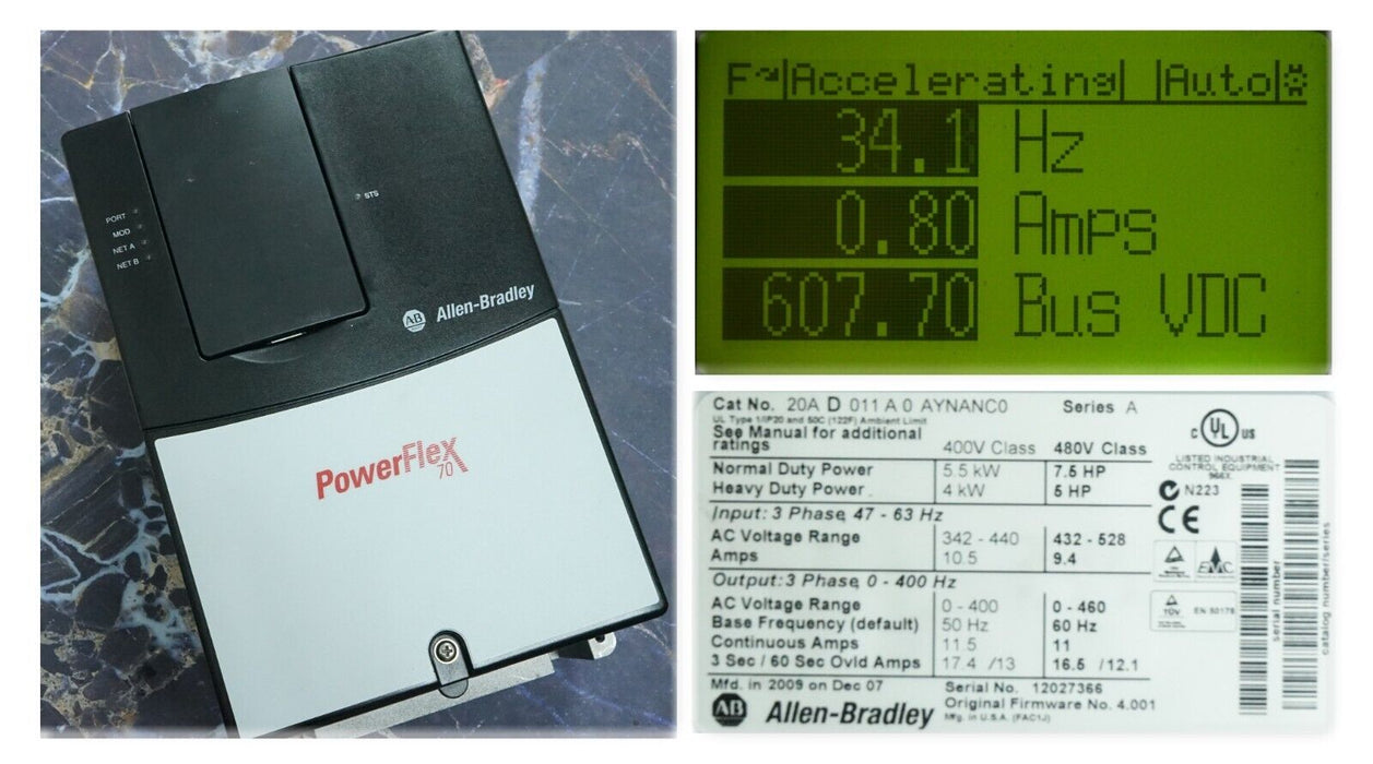 Low Hours Allen-Bradley PowerFlex 70 7.5HP 20AD011A0AYNANC0 480VAC Tested Good