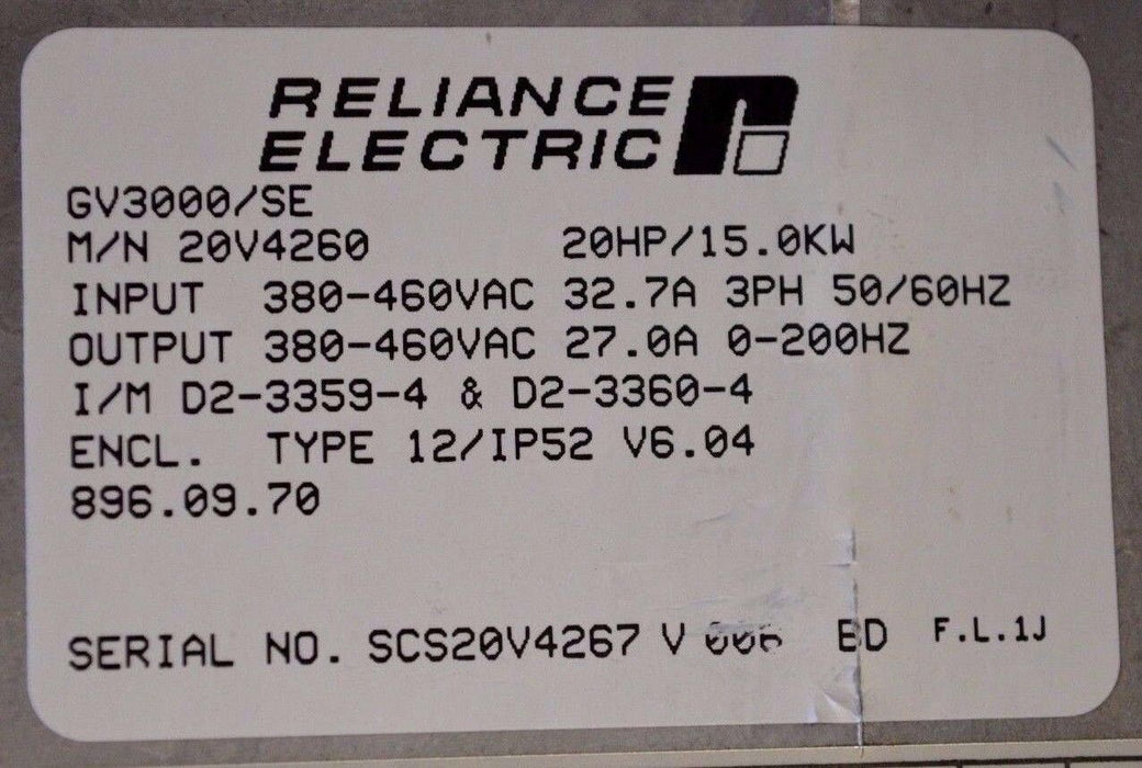 Reliance Electric GV3000/SE 20HP 20V4260 VER 6.04 AC Drive Tested Good No Cover