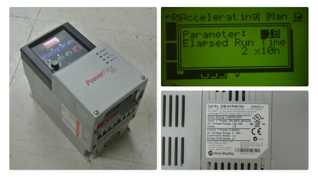 Allen Bradley 22B-D1P4N104 PowerFlex 40 Drive Series A FRN:6.02 Tested Good