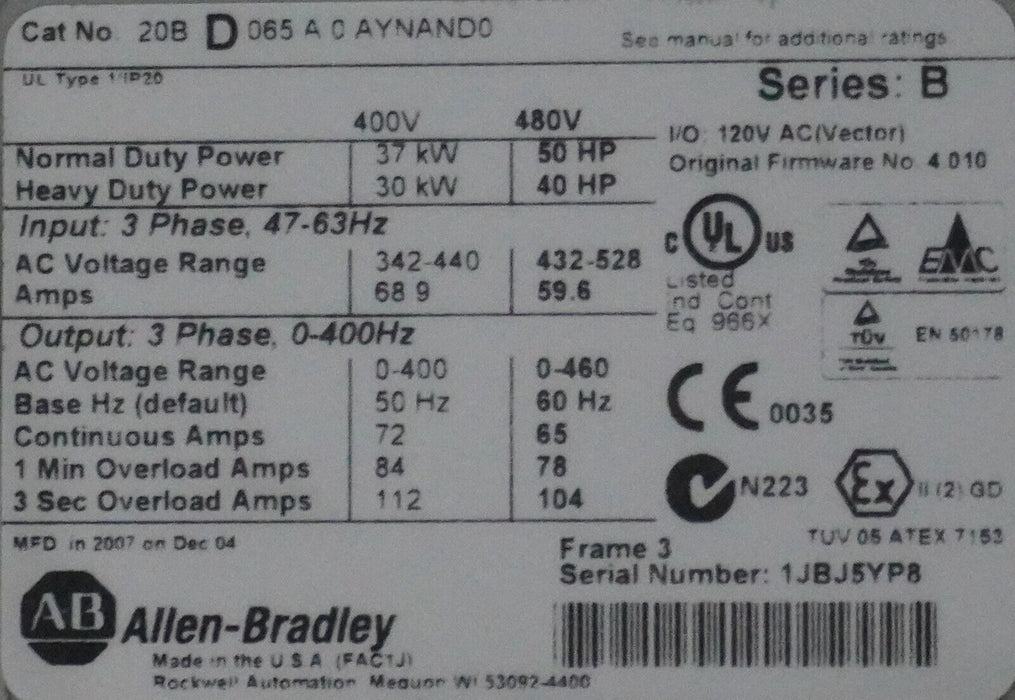 Allen-Bradley PowerFlex 700 50HP 20BD065A0AYNAND0 Series B FRN:4.010 Tested Good