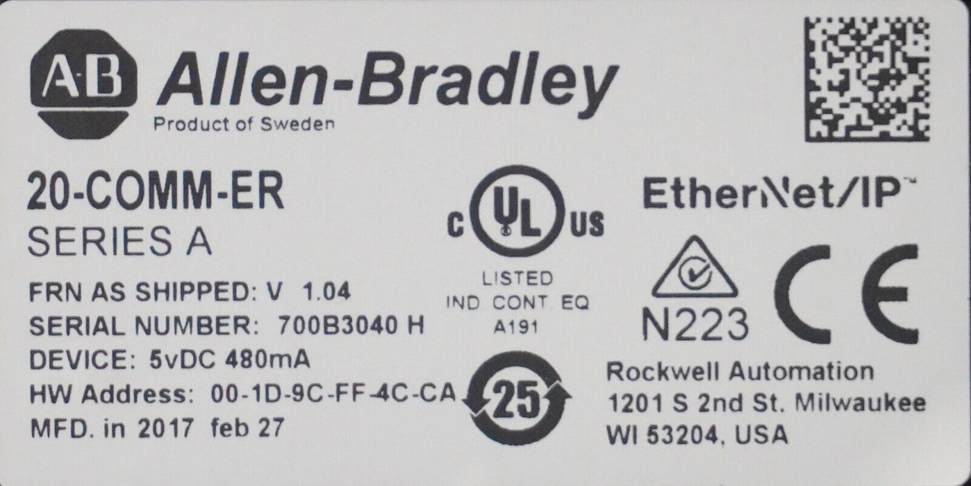 Allen-Bradley 20-COMM-ER EtherNet Adapter Module FRN:1.04 Tested Good