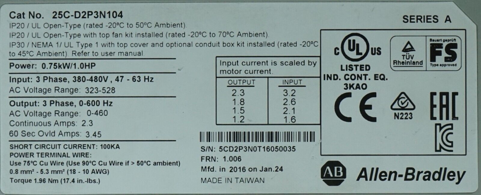 Allen Bradley 25C-D2P3N104 PowerFlex 527 1HP AC Drive FRN:1.006