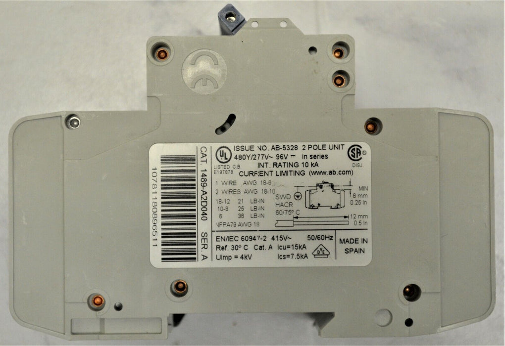 ALLEN BRADLEY 1489-A2D040 SER.A CIRCUIT BREAKER 2P TESTED GOOD