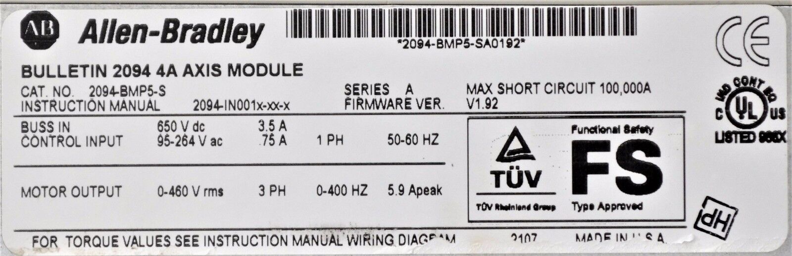 ALLEN-BRADLEY KINETIX 6000 2094-BMP5-S AXIS MODULE 4 AMPS 480 VAC FRN: 1.92