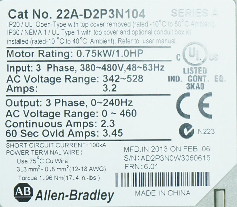 Allen Bradley PowerFlex4 1HP 22A-D2P3N104 FRN:6.01 Tested Good