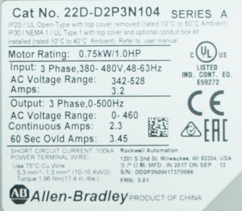 Low Hours 2017 Allen Bradley 22D-D2P3N104 PowerFlex40 Firmware 3.01 Series A