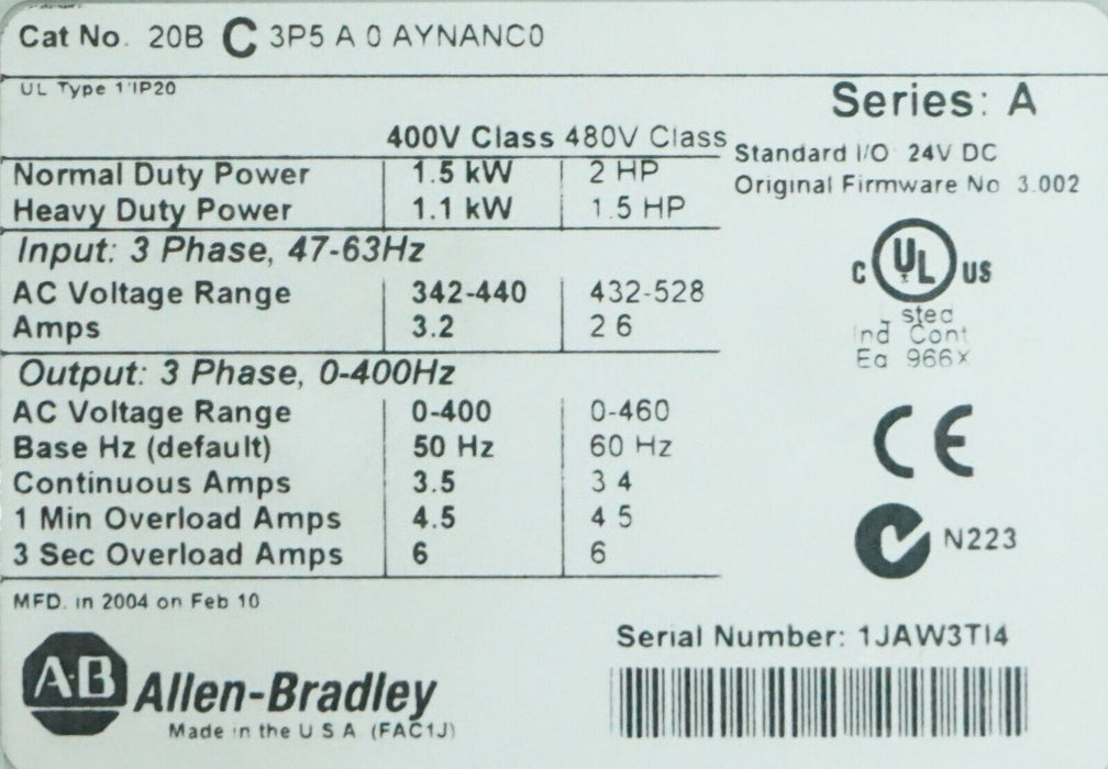 Low Hours Allen-Bradley PowerFlex 700 2HP 20BC3P5A0AYNANC0 400 VAC FRN:3.002