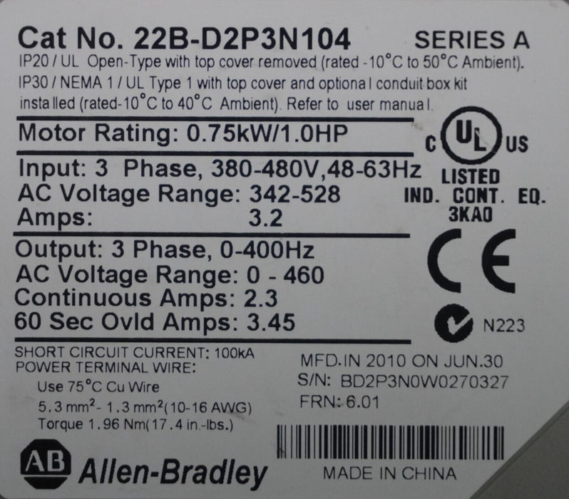 Allen-Bradley 22B-D2P3N104 PowerFlex 40 Series A 480VAC 6.01 Tested Good