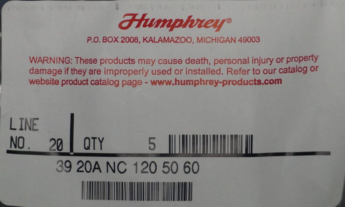 (NIB) 5 Piece HUMPHREY 39-20A-NC-120-50-60  Pneumatic Valve Solenoid