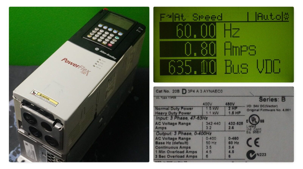 Allen-Bradley PowerFlex 700 2 HP 20BD3P4A3AYNAEC0 480 VAC Series B FRN:4.001