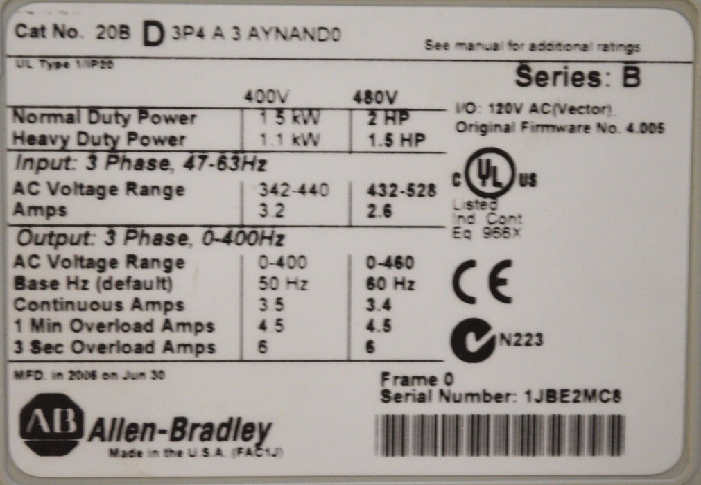 Allen-Bradley PowerFlex 700 ~ 2 HP ~ 20BD3P4A3AYNAND0 ~ 480 VAC Tested ~Series B