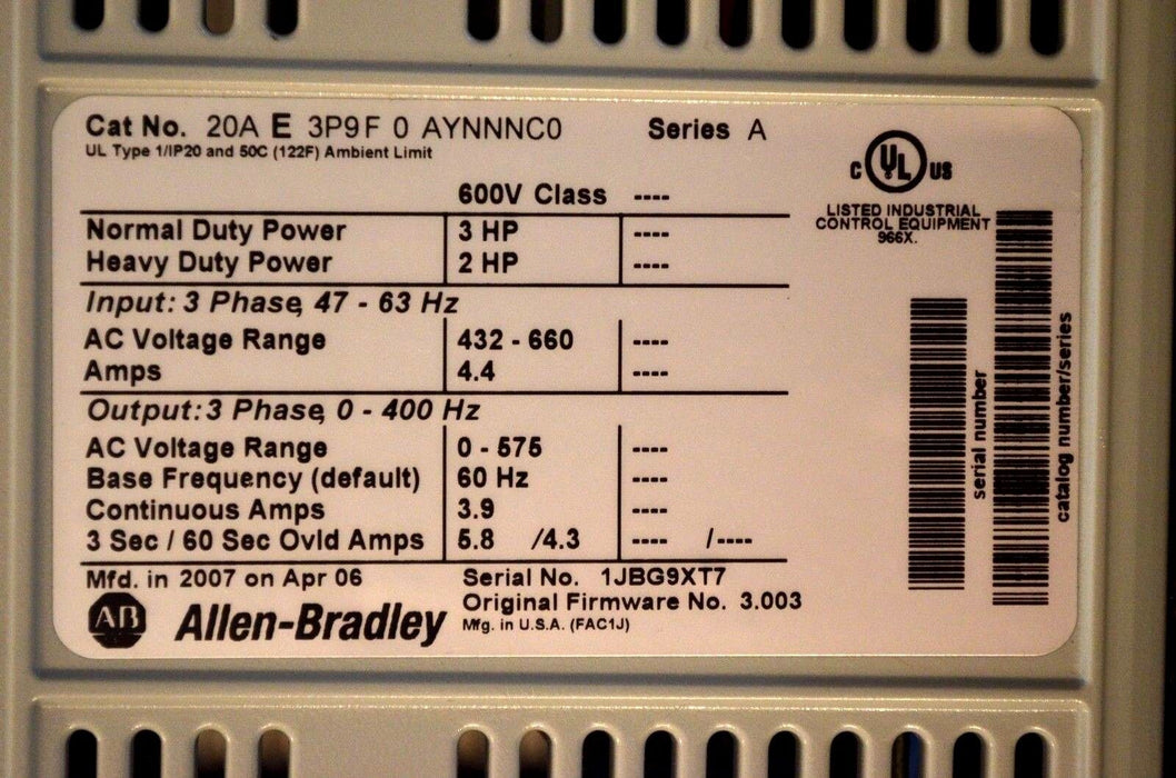 Allen-Bradley PowerFlex 70 3HP 20AE3P9F0AYNNNC0 432-660 VAC Tested Good