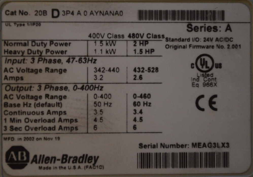 Allen-Bradley PowerFlex 700 2 HP 20BD3P4A0AYNANA0 480 VAC Tested Series A