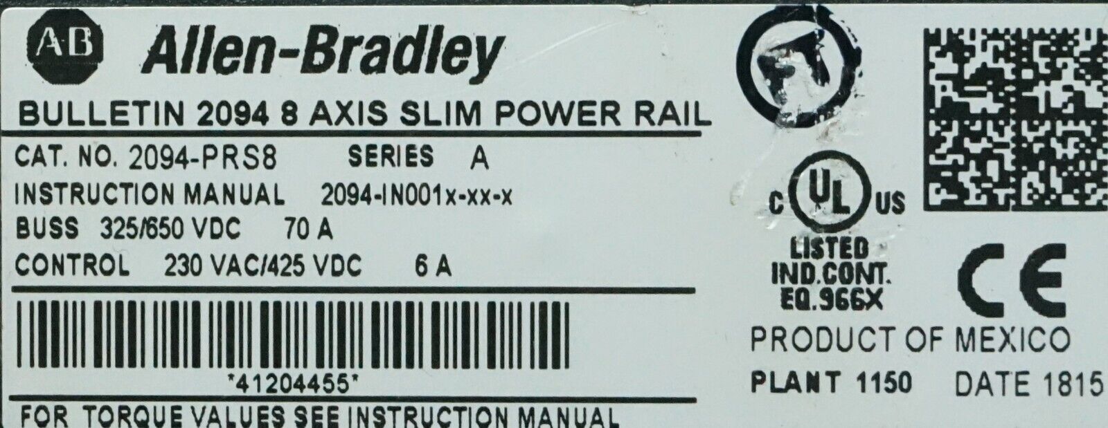 Allen Bradley 2094-PRS8 Kinetix 6000 Power Rail, Slim, 8 Axis Tested Good