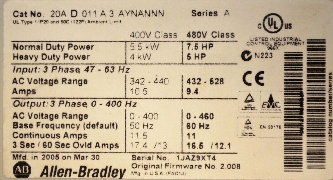 Allen-Bradley PowerFlex 70 7.5 HP 20AD011A3NYNANNN 480 VAC Tested Good FRN:2.008