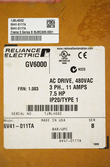 NEW RELIANCE ELECTRIC GV6000  6V41-011TA  7.5 HP 480 VAC VERSION 1.003 DAMAGED