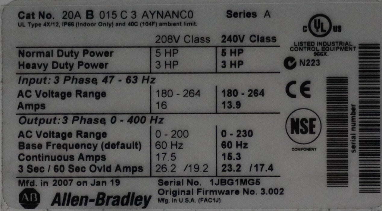 Allen-Bradley PowerFlex 70 5HP 20AB015C3AYNANC0 240VAC Tested FRN:3.002