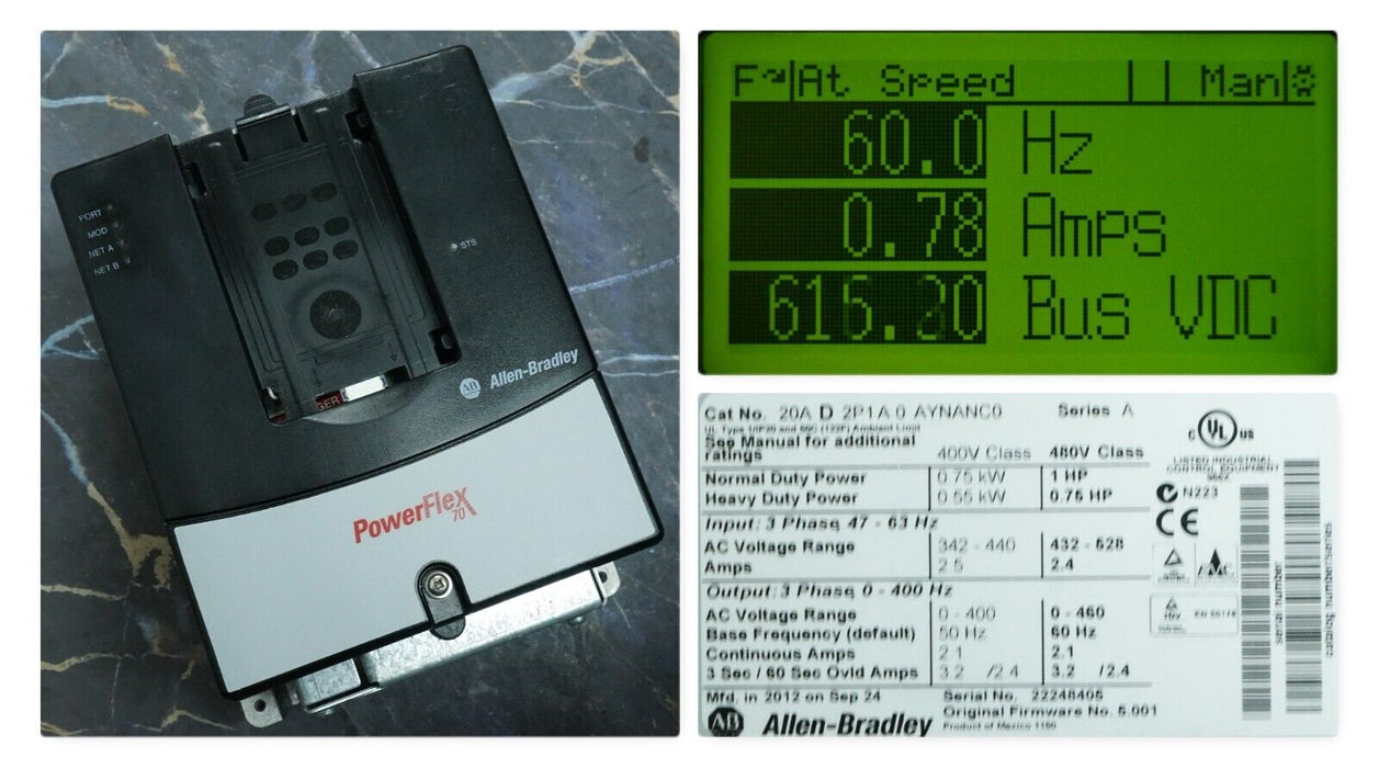 Allen-Bradley 20AD2P1A0AYNANC0 PowerFlex70 1 HP 480 VAC FRN 5.001 Tested Good