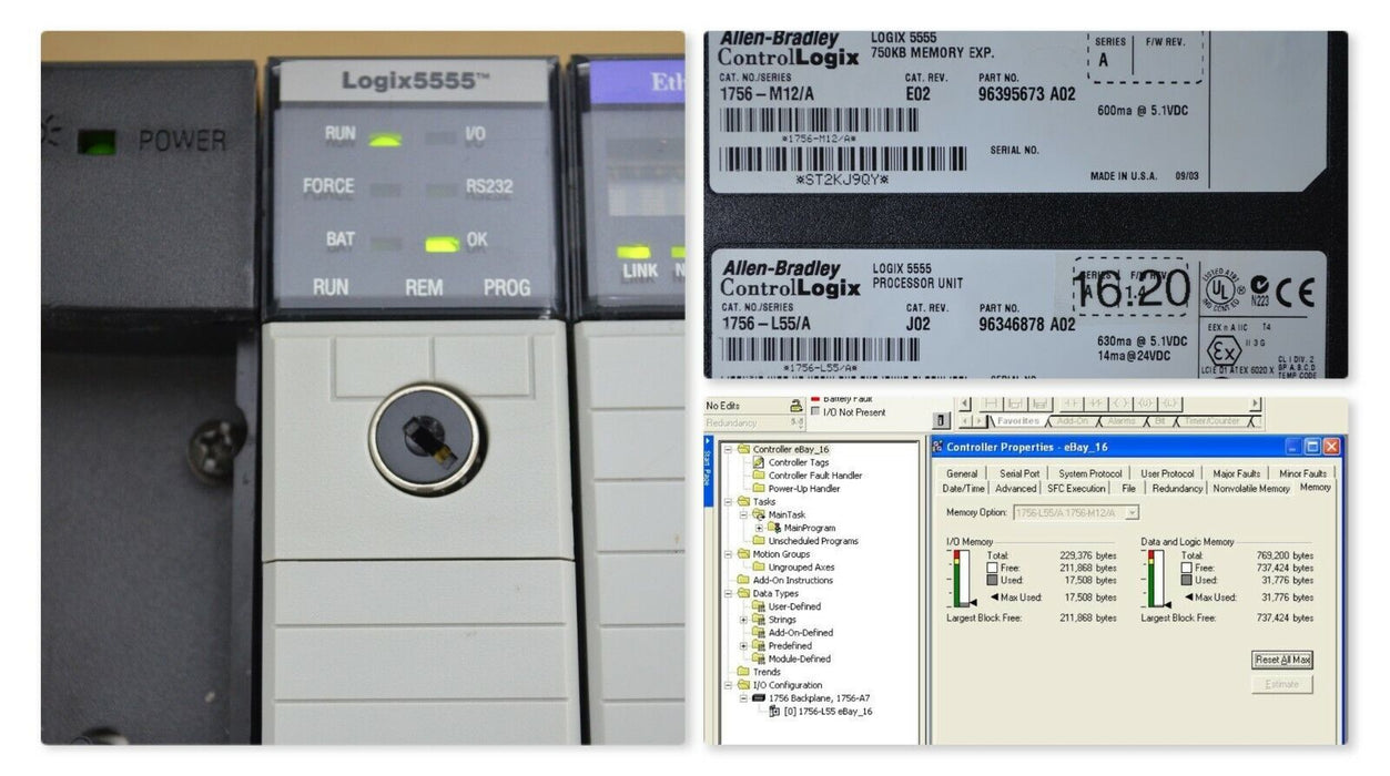 Allen Bradley 1756-L55/A W/ 1756-M12/A ControlLogix 5555 VER. 16.20 Tested Good