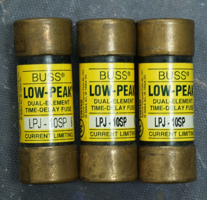 Used 3pc  Buss LPJ-10SP Low-Peak Class J Dual Element Fuses 10A 600V