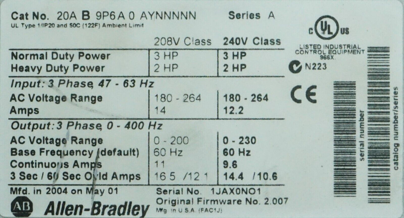 Allen-Bradley PowerFlex 70 3HP 20AB9P6A0AYNNNNN FRN:2.007 Tested Good