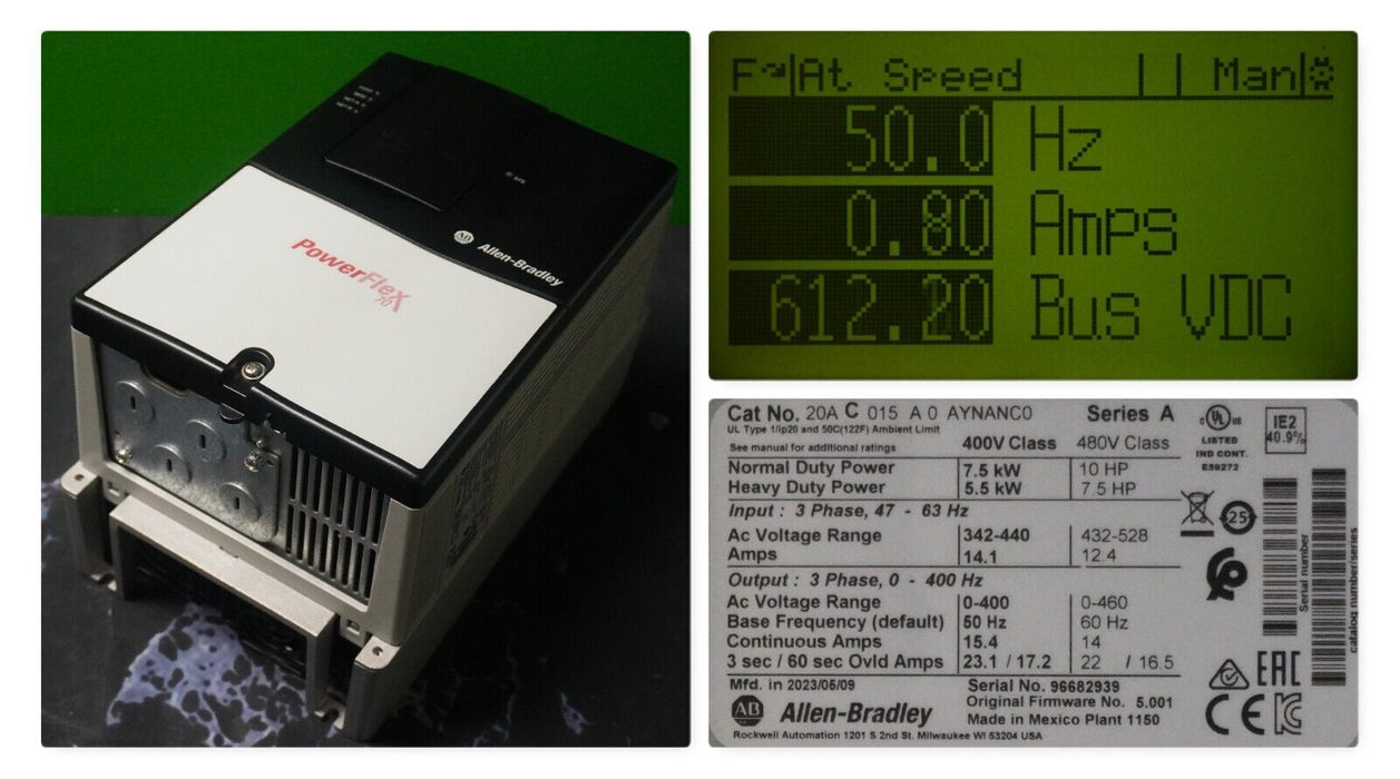 Low Hr Allen-Bradley Powerflex 70 20AC015A0AYNANC0 Series A 10HP FRN:5.001