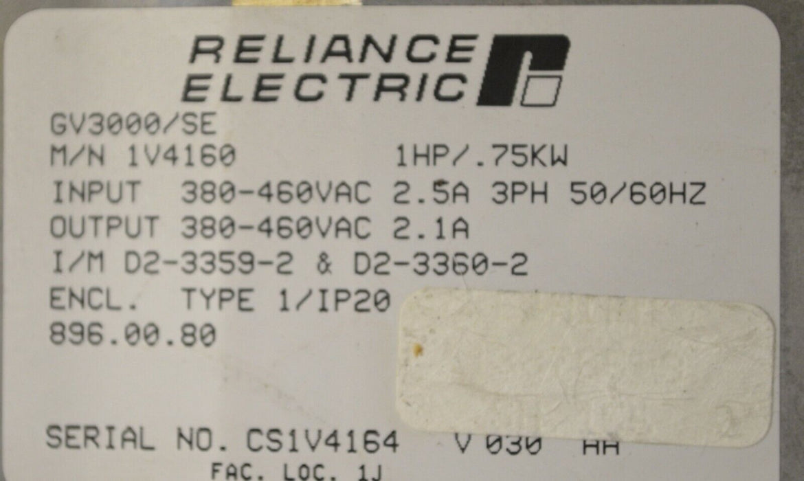 Reliance Electric GV3000/SE Vector 1 Hp 1V4160 Ver. 6.01 AC Inverter Tested Good