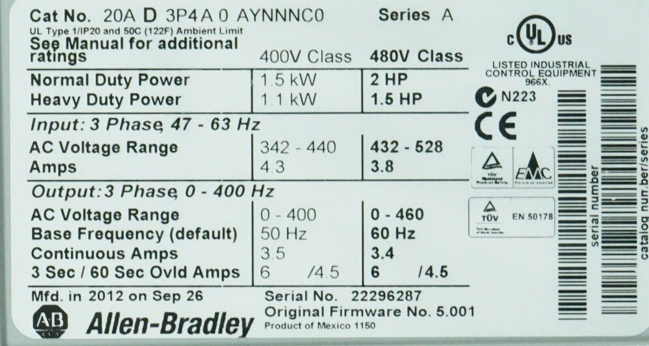 Allen-Bradley PowerFlex70 20AD3P4A0AYNNNC0/A 2 HP 480 VAC 3.4 AC Drive FRN:5.001